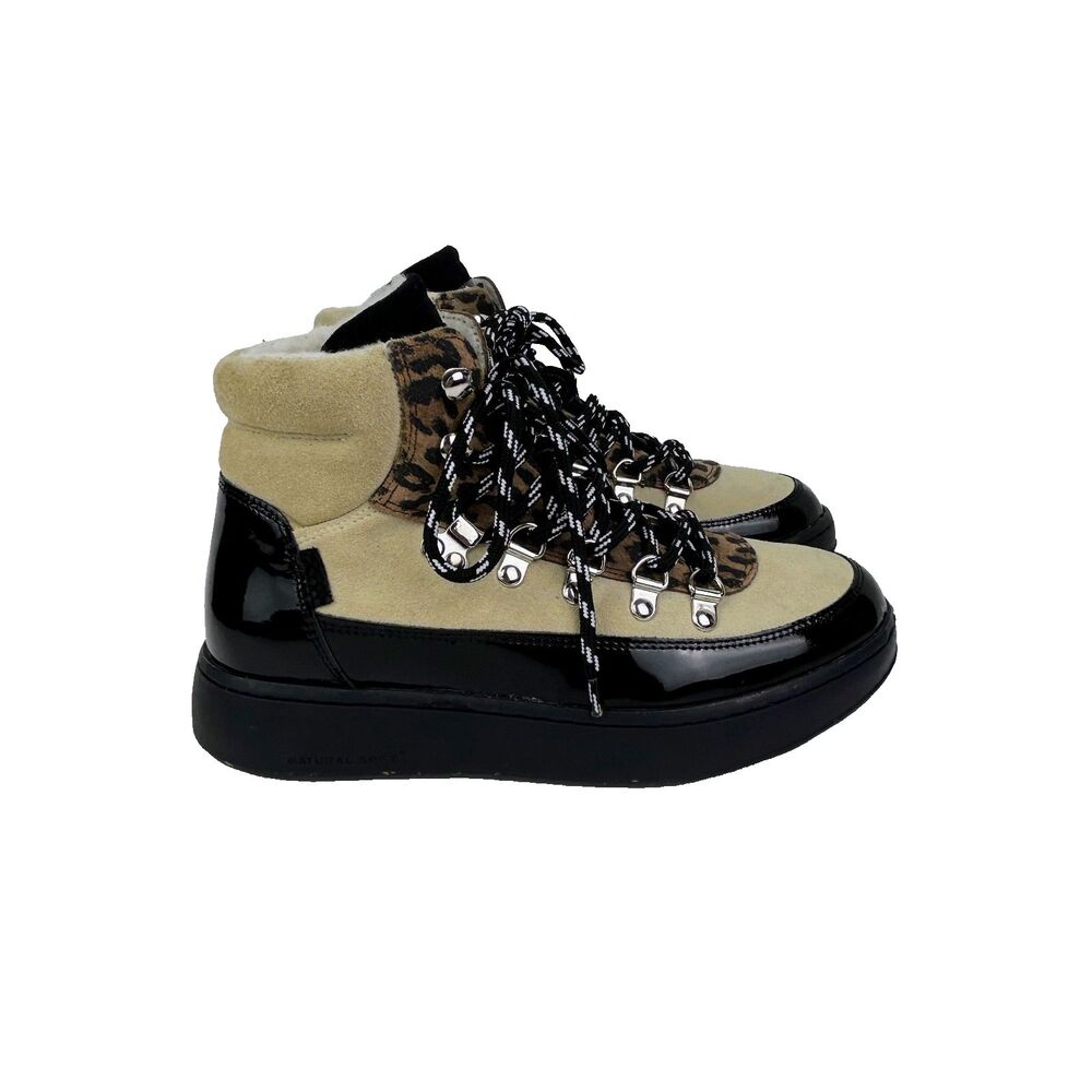 Woden Iris Mix Bear Lace Up Boot Leopard Beige Suede Lug Soles Wool Lined US 5.5